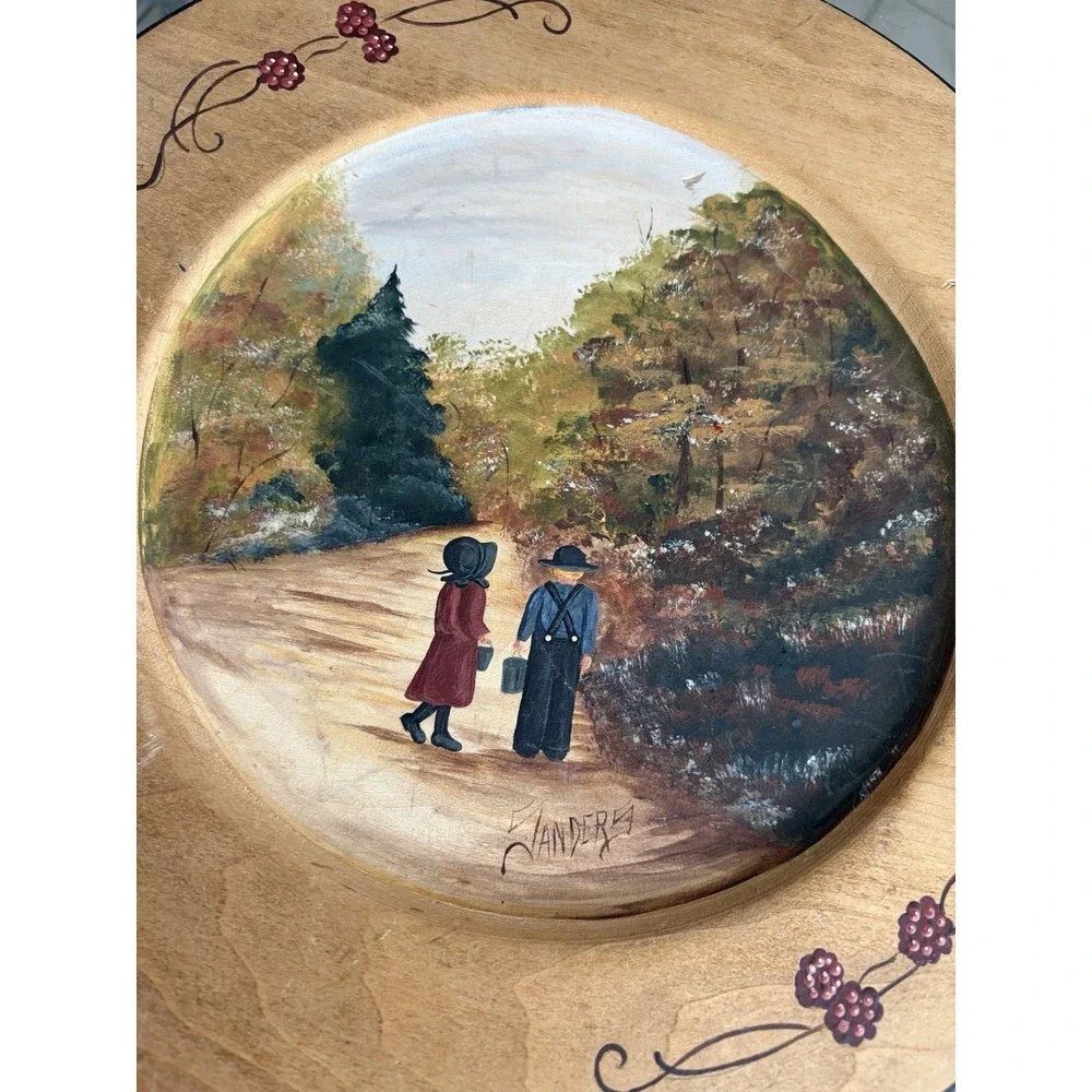VTG Hand Painted Wooden Plate Amish Children Autumn Fall Scene Signed Sanders 94